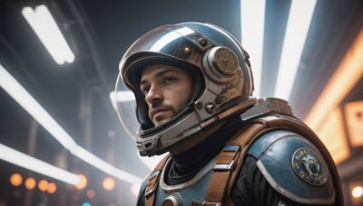 solo,blue eyes,1boy,closed mouth,upper body,male focus,signature,armor,blurry,lips,blurry background,facial hair,helmet,science fiction,realistic,nose,power armor,looking at viewer,brown hair,black eyes,portrait,spacesuit,astronaut