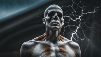 solo,1boy,closed mouth,collarbone,upper body,male focus,muscular,sunglasses,realistic,bald,grey skin,lightning,crack