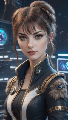 1girl,solo,breasts,looking at viewer,bangs,brown hair,brown eyes,jewelry,medium breasts,closed mouth,jacket,upper body,braid,earrings,hair bun,blurry,lips,fur trim,eyelashes,makeup,blurry background,single hair bun,brooch,zipper,freckles,science fiction,realistic,nose,hair ornament,ponytail,sidelocks,open clothes,artist name,lipstick,red lips