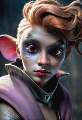 1girl,solo,looking at viewer,short hair,blonde hair,brown hair,animal ears,brown eyes,jewelry,closed mouth,upper body,artist name,blurry,lips,bodysuit,makeup,floating hair,blurry background,lipstick,portrait,eyeshadow,freckles,realistic,mouse ears,nose,red lips,facepaint,jacket,eyelashes,watermark,web address,backlighting