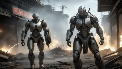 HQ,red eyes,holding,standing,weapon,outdoors,multiple boys,2boys,holding weapon,armor,gun,no humans,glowing,helmet,fire,robot,ground vehicle,building,holding gun,mecha,glowing eyes,motor vehicle,rifle,smoke,science fiction,city,realistic,military vehicle,assault rifle,cable,explosion,ruins,multiple others,power lines,damaged,utility pole,power armor,2others,embers,humanoid robot,radio antenna,sparks,1boy,signature