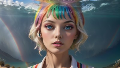 1girl,solo,looking at viewer,short hair,bangs,blue eyes,blonde hair,shirt,jewelry,blue hair,pink hair,multicolored hair,earrings,outdoors,parted lips,green hair,sky,teeth,day,collared shirt,artist name,cloud,signature,water,lips,eyelashes,makeup,ocean,watermark,piercing,sunlight,lipstick,ear piercing,portrait,web address,eyeshadow,freckles,reflection,bubble,light rays,realistic,nose,stud earrings,air bubble,rainbow,partially underwater shot,rainbow hair,streaked hair,pink lips,underwater,eyeliner,mascara