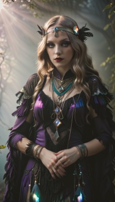 1girl,solo,long hair,breasts,looking at viewer,blue eyes,blonde hair,hair ornament,dress,jewelry,closed mouth,standing,cowboy shot,outdoors,artist name,necklace,mole,blurry,bracelet,tree,lips,grey eyes,makeup,blurry background,leaf,wavy hair,sunlight,ring,own hands together,feathers,lipstick,gem,nature,purple dress,eyeshadow,forest,circlet,realistic,nose,red lips,feather hair ornament,dappled sunlight,mascara,medium breasts,nail polish,black dress