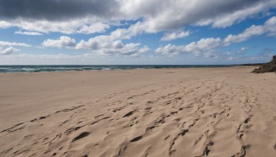 outdoors,sky,day,cloud,water,blue sky,no humans,ocean,beach,cloudy sky,scenery,sand,horizon,shore,desert,footprints