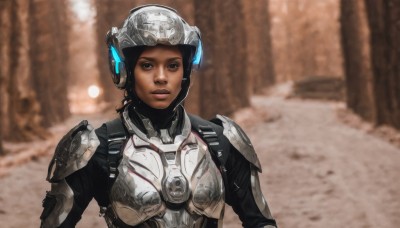 1girl,solo,looking at viewer,short hair,black hair,brown eyes,upper body,dark skin,armor,blurry,dark-skinned female,lips,bodysuit,blurry background,helmet,shoulder armor,science fiction,pauldrons,breastplate,realistic,very dark skin,power armor,headgear,nose