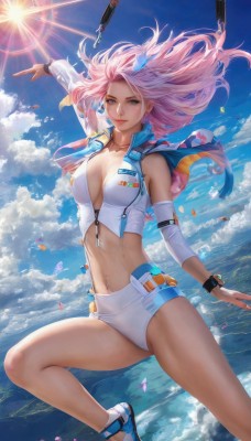 1girl,solo,long hair,breasts,looking at viewer,smile,bangs,blue eyes,large breasts,hair ornament,navel,cleavage,jewelry,medium breasts,collarbone,jacket,pink hair,thighs,earrings,outdoors,open clothes,sky,shoes,shorts,sleeveless,day,midriff,cloud,water,necklace,stomach,vest,open jacket,blue sky,lips,crop top,petals,short shorts,floating hair,ocean,sunlight,wristband,sneakers,lens flare,zipper,cropped jacket,toned,white shorts,sun,unzipped,zipper pull tab,sleeveless jacket,elbow pads,detached sleeves,bare legs,watermark,piercing,leg up,cloudy sky,ear piercing,flying,science fiction,watch,realistic,wristwatch,navel piercing,midair