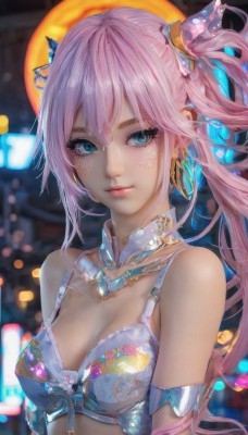 1girl,solo,long hair,breasts,looking at viewer,smile,bangs,blue eyes,hair ornament,cleavage,bare shoulders,jewelry,medium breasts,closed mouth,underwear,upper body,pink hair,earrings,bra,blurry,aqua eyes,lips,eyelashes,detached collar,depth of field,blurry background,armlet,realistic,nose,hair between eyes,twintails,collarbone,sidelocks,shiny,necklace,side ponytail,makeup,thick eyebrows,white bra,hoop earrings,pink lips,mascara