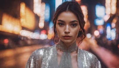 1girl,solo,looking at viewer,short hair,brown hair,black hair,dress,brown eyes,jewelry,closed mouth,upper body,earrings,white dress,blurry,black eyes,lips,makeup,depth of field,blurry background,lipstick,portrait,realistic,nose,red lips,straight-on,bokeh