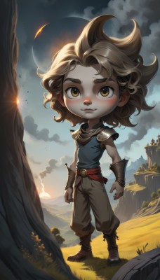 solo,looking at viewer,blush,smile,short hair,bangs,blonde hair,brown hair,shirt,1boy,brown eyes,closed mouth,standing,full body,yellow eyes,male focus,boots,outdoors,sky,sleeveless,shiny,pants,artist name,cloud,medium hair,armor,shiny hair,tree,brown footwear,cloudy sky,grass,blue shirt,shoulder armor,child,rock,mountain,bracer,male child,brown pants,belt,thick eyebrows,shoulder pads