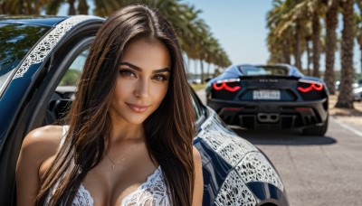 1girl,solo,long hair,breasts,looking at viewer,smile,large breasts,brown hair,cleavage,brown eyes,jewelry,underwear,upper body,outdoors,day,dark skin,necklace,bra,blurry,dark-skinned female,tree,lips,blurry background,ground vehicle,motor vehicle,white bra,realistic,palm tree,car,vehicle focus,photo background,sports car,photo inset,dress,bare shoulders,medium breasts,depth of field,thick eyebrows,lace trim,lace,forehead,lace-trimmed bra,lace bra