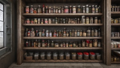 indoors,cup,no humans,window,bottle,scenery,snow,alcohol,can,shelf,jar,whiskey,day,tree,box,tiles,winter,bare tree,shop,still life