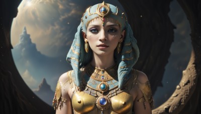 1girl,solo,long hair,breasts,looking at viewer,smile,blue eyes,black hair,bare shoulders,jewelry,upper body,earrings,parted lips,sky,cloud,armor,lips,makeup,facial mark,sunlight,gem,armlet,snake,realistic,nose,sun,gold,gorget,medium breasts,outdoors,necklace,eyelashes,tattoo,piercing,moon,portrait,headdress,facepaint