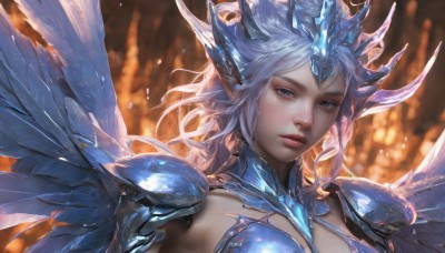 1girl,solo,long hair,breasts,looking at viewer,blue eyes,upper body,white hair,grey hair,parted lips,wings,pointy ears,artist name,armor,blurry,lips,grey eyes,depth of field,blurry background,shoulder armor,portrait,feathered wings,freckles,pauldrons,realistic,headpiece,blue wings,cleavage,medium breasts,nose