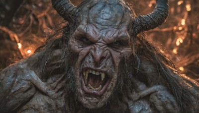 solo,looking at viewer,open mouth,1boy,male focus,horns,teeth,blurry,black eyes,no humans,blurry background,fangs,portrait,monster,colored skin,scar,fire,sharp teeth,realistic