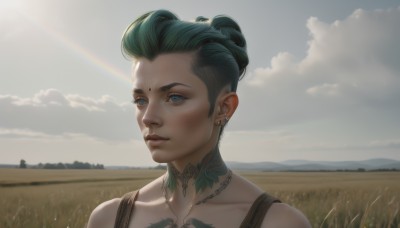 1girl,solo,short hair,blue eyes,jewelry,collarbone,earrings,outdoors,parted lips,green hair,sky,day,cloud,necklace,hair bun,lips,tattoo,facial mark,piercing,single hair bun,cloudy sky,grass,portrait,scenery,forehead mark,realistic,arm tattoo,landscape,neck tattoo,upper body,ear piercing,facial tattoo