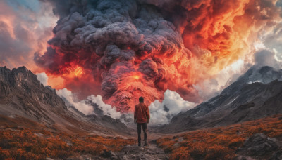 black hair, 1boy, standing, jacket, male focus, outdoors, sky, pants, cloud, from behind, cloudy sky, fire, scenery, smoke, mountain, molten rock