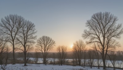 outdoors,sky,cloud,water,tree,blue sky,no humans,grass,nature,scenery,snow,forest,sunset,mountain,sun,winter,bare tree,landscape,gradient sky,sunrise