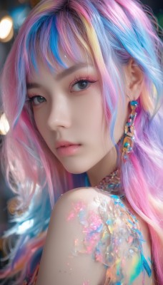 1girl,solo,long hair,looking at viewer,bangs,bare shoulders,jewelry,closed mouth,blue hair,upper body,pink hair,multicolored hair,earrings,looking back,blurry,black eyes,two-tone hair,lips,grey eyes,eyelashes,tattoo,makeup,gem,portrait,eyeshadow,freckles,realistic,nose,artist name,blunt bangs,from side,streaked hair,gradient hair,watermark,pink lips,mascara