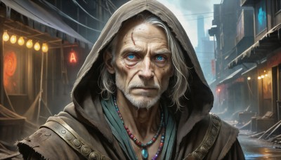 HQ,solo,looking at viewer,blue eyes,1boy,jewelry,closed mouth,upper body,white hair,grey hair,male focus,outdoors,hood,necklace,torn clothes,facial hair,scar,building,portrait,beard,hood up,beads,realistic,old,old man,old woman,wrinkled skin,sky,water,blood,scenery