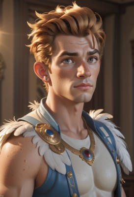 solo,looking at viewer,short hair,blue eyes,blonde hair,brown hair,shirt,1boy,jewelry,closed mouth,white shirt,upper body,male focus,earrings,open clothes,sleeveless,artist name,indoors,blurry,vest,lips,sleeveless shirt,muscular,blurry background,feathers,freckles,realistic,nose,stud earrings,blue vest,open vest,necklace,grey eyes,piercing,thick eyebrows,pectorals,muscular male