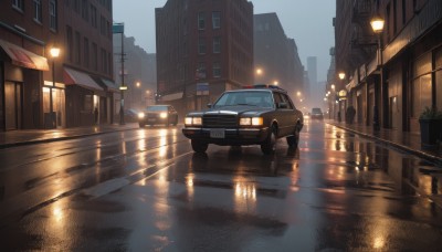 outdoors,sky,water,no humans,window,night,ground vehicle,building,scenery,motor vehicle,reflection,rain,city,sign,car,road,cityscape,vehicle focus,lamppost,street,skyscraper,puddle,traffic light,sports car,plant,potted plant,power lines,real world location