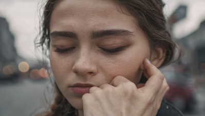 1girl, solo, long hair, brown hair, closed mouth, closed eyes, mole, blurry, lips, eyelashes, depth of field, blurry background, portrait, freckles, realistic, nose