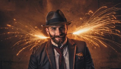 solo,looking at viewer,short hair,brown hair,shirt,black hair,1boy,hat,closed mouth,jacket,white shirt,upper body,male focus,open clothes,necktie,collared shirt,black eyes,open jacket,black jacket,black headwear,facial hair,formal,suit,red necktie,black necktie,beard,brown background,realistic,mustache,manly,fireworks,fedora,smile,mature male