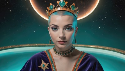 1girl,solo,looking at viewer,smile,short hair,blue eyes,dress,jewelry,blue hair,upper body,earrings,sky,choker,necklace,lips,makeup,night,moon,crown,portrait,star (sky),starry sky,realistic,space,very short hair,planet,closed mouth,dark skin,aqua hair,gem