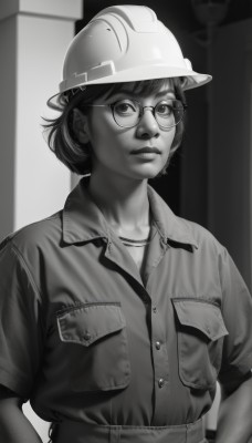 1girl,solo,looking at viewer,short hair,shirt,1boy,hat,closed mouth,monochrome,upper body,short sleeves,greyscale,male focus,parted lips,glasses,collared shirt,signature,blurry,uniform,lips,buttons,blurry background,single hair bun,helmet,pocket,hands on hips,realistic,round eyewear,breast pocket,jewelry,nose