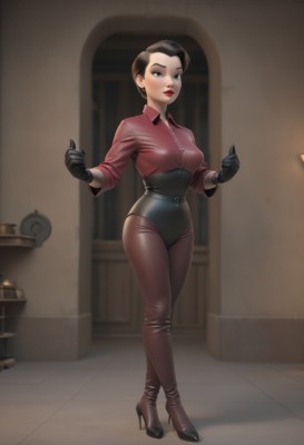 1girl,solo,breasts,looking at viewer,short hair,blue eyes,brown hair,shirt,black hair,gloves,jewelry,medium breasts,standing,full body,earrings,black gloves,collared shirt,pants,indoors,black footwear,high heels,lips,makeup,lipstick,red shirt,corset,red lips,leather,long sleeves,closed mouth,pantyhose,boots,blurry,black eyes,leotard,dress shirt,buttons,thigh boots,crossed legs,black leotard,eyeshadow,clenched hands,high heel boots,asymmetrical hair,shirt tucked in,stud earrings,watson cross