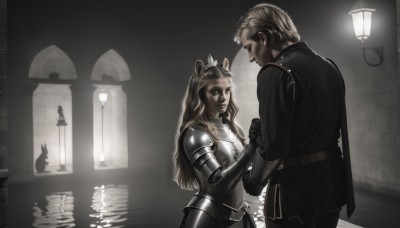 1girl,long hair,short hair,blonde hair,brown hair,1boy,animal ears,jewelry,weapon,hetero,belt,water,armor,looking at another,holding hands,cat,tiara,crown,shoulder armor,gauntlets,reflection,pauldrons,lantern,breastplate,knight,plate armor,gloves,dress,closed mouth,standing,jacket,black gloves,necklace,cape,facial hair,beard,fantasy,vambraces,light,lamp,lamppost