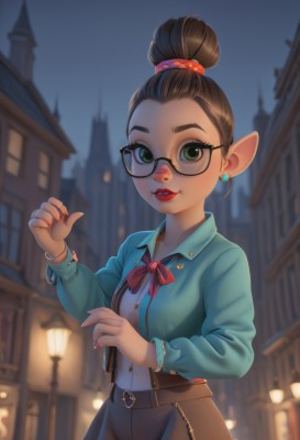 1girl,solo,breasts,looking at viewer,smile,short hair,skirt,brown hair,shirt,black hair,hair ornament,long sleeves,bow,ribbon,jewelry,green eyes,earrings,outdoors,parted lips,glasses,teeth,pointy ears,collared shirt,belt,bag,hair bun,nail polish,blurry,red bow,bracelet,red ribbon,lips,neck ribbon,makeup,night,blurry background,single hair bun,suspenders,blue shirt,lipstick,pointing,building,semi-rimless eyewear,red nails,freckles,black-framed eyewear,city,round eyewear,red lips,lamppost,artist name,bowtie,blue skirt,fingernails,depth of field,scrunchie,red bowtie,hair scrunchie,red scrunchie