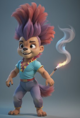 solo,smile,open mouth,simple background,brown hair,shirt,1boy,animal ears,brown eyes,standing,tail,full body,short sleeves,male focus,red hair,multicolored hair,barefoot,teeth,belt,pants,fangs,fire,feathers,blue shirt,child,furry,smoke,furry male,male child,mohawk,purple hair,artist name,watermark,claws,candle,flame