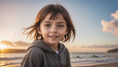 1girl,solo,looking at viewer,smile,short hair,open mouth,bangs,brown hair,shirt,brown eyes,jacket,white shirt,upper body,outdoors,parted lips,sky,teeth,day,cloud,hood,water,bag,grin,blurry,lips,hoodie,depth of field,blurry background,ocean,beach,backpack,hood down,wind,hooded jacket,zipper,sunset,realistic,grey jacket,horizon,grey hoodie