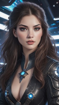 1girl,solo,long hair,breasts,looking at viewer,large breasts,brown hair,cleavage,brown eyes,jewelry,medium breasts,upper body,earrings,parted lips,artist name,lips,eyelashes,bodysuit,makeup,forehead,freckles,realistic,nose,necklace,eyeshadow,science fiction