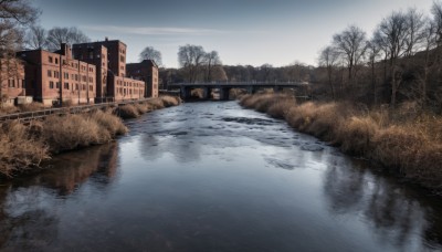 outdoors,sky,day,cloud,water,tree,blue sky,no humans,window,grass,building,nature,scenery,snow,forest,reflection,house,winter,bridge,bare tree,river,lake,reflective water,cloudy sky,fence,road,bush