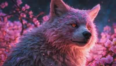 solo, looking at viewer, closed mouth, flower, outdoors, blurry, orange eyes, petals, no humans, depth of field, blurry background, animal, cherry blossoms, realistic, branch, animal focus, wolf