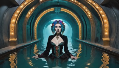 1girl,solo,breasts,looking at viewer,short hair,blue eyes,large breasts,hair ornament,long sleeves,dress,cleavage,jewelry,medium breasts,sitting,blue hair,flower,multicolored hair,choker,hair flower,water,necklace,nail polish,lips,makeup,lipstick,corset,eyeshadow,partially submerged,reflection,ripples,gothic,cleavage cutout,pale skin