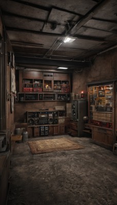 indoors,no humans,bottle,box,scenery,wooden floor,can,door,lamp,shelf,ceiling light,industrial pipe,air conditioner,speaker,trash can,vending machine,refrigerator,radio