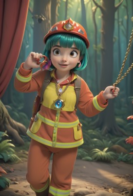 1girl,solo,looking at viewer,smile,short hair,open mouth,bangs,long sleeves,hat,holding,brown eyes,jewelry,standing,jacket,earrings,boots,outdoors,green hair,teeth,pants,necklace,bag,nail polish,tree,aqua hair,chain,backpack,helmet,child,nature,red nails,forest,mushroom,orange pants,weapon,parted lips,gun,grass,plant,realistic,holster