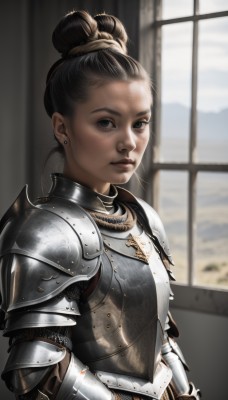 1girl,solo,looking at viewer,short hair,brown hair,black hair,jewelry,closed mouth,upper body,earrings,artist name,indoors,hair bun,armor,blurry,black eyes,lips,grey eyes,window,blurry background,single hair bun,shoulder armor,gauntlets,pauldrons,breastplate,realistic,stud earrings,knight,chainmail,plate armor,necklace,backlighting,nose,hair pulled back