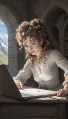 1girl,solo,long hair,breasts,looking at viewer,blush,smile,blue eyes,brown hair,long sleeves,dress,cleavage,jewelry,sitting,earrings,sky,day,cloud,indoors,necklace,nail polish,white dress,blue sky,lips,fingernails,see-through,wavy hair,pendant,freckles,curly hair,computer,laptop,shirt,underwear,upper body,small breasts,frills,bra,book,eyelashes,window,messy hair,lace trim,lace,realistic,nose,lace-trimmed bra