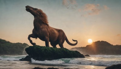 solo,tail,outdoors,sky,cloud,water,no humans,animal,sunlight,scenery,sunset,rock,mountain,realistic,sun,signature,nature,kaijuu