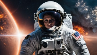 solo,looking at viewer,black hair,1boy,upper body,male focus,moon,helmet,fire,star (sky),reflection,science fiction,realistic,sun,space,explosion,planet,earth (planet),american flag,spacecraft,spacesuit,japanese flag,astronaut,flag print,space helmet,united states,flag background,american flag print