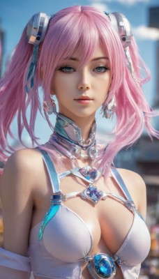 1girl,solo,long hair,breasts,looking at viewer,smile,bangs,blue eyes,hair ornament,cleavage,hair between eyes,bare shoulders,twintails,jewelry,medium breasts,closed mouth,upper body,pink hair,earrings,outdoors,sky,day,blurry,lips,blurry background,gem,realistic,nose,swimsuit,bikini,artist name,see-through,eyelashes,detached collar