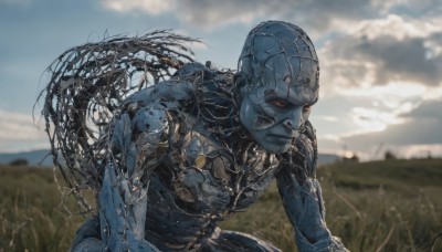 solo,red eyes,1boy,male focus,outdoors,sky,day,cloud,blurry,no humans,blurry background,colored skin,cloudy sky,grass,robot,science fiction,realistic,blue skin,android,cable,damaged,alien,humanoid robot,closed mouth,blue sky,depth of field,veins,grey skin,cyborg,mechanical parts