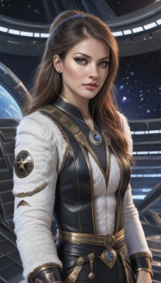 1girl,solo,long hair,breasts,looking at viewer,brown hair,long sleeves,brown eyes,jewelry,upper body,earrings,lips,fur trim,makeup,lipstick,brooch,gem,science fiction,realistic,nose,red lips,space,planet,earth (planet),medium breasts,standing,ponytail,belt,freckles,emblem,spacecraft