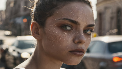 1girl, solo, looking at viewer, short hair, black hair, brown eyes, green eyes, parted lips, dark skin, blurry, lips, eyelashes, depth of field, blurry background, ground vehicle, portrait, motor vehicle, freckles, realistic, car