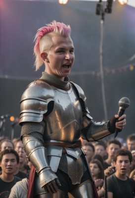 1girl,short hair,open mouth,blonde hair,shirt,gloves,holding,jewelry,standing,closed eyes,pink hair,male focus,multicolored hair,cowboy shot,earrings,multiple boys,teeth,solo focus,armor,blurry,two-tone hair,blurry background,shoulder armor,gauntlets,microphone,6+boys,pauldrons,breastplate,realistic,music,stud earrings,holding microphone,greaves,singing,old,multiple others,faulds,knight,microphone stand,full armor,crowd,stage,mohawk,old woman,people,chainmail,plate armor,looking at viewer,smile,weapon,fingerless gloves,scar,piercing,scar on face,scar across eye,very short hair