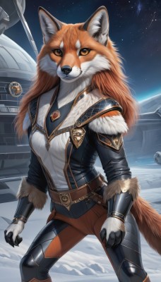 1girl,solo,long hair,breasts,looking at viewer,smile,shirt,gloves,animal ears,brown eyes,jewelry,standing,jacket,tail,outdoors,sky,belt,pants,artist name,orange hair,armor,orange eyes,fur trim,night,fox tail,brooch,gem,star (sky),night sky,claws,furry,snow,starry sky,furry female,space,planet,spacecraft,orange fur,long sleeves,medium breasts,snout,shooting star